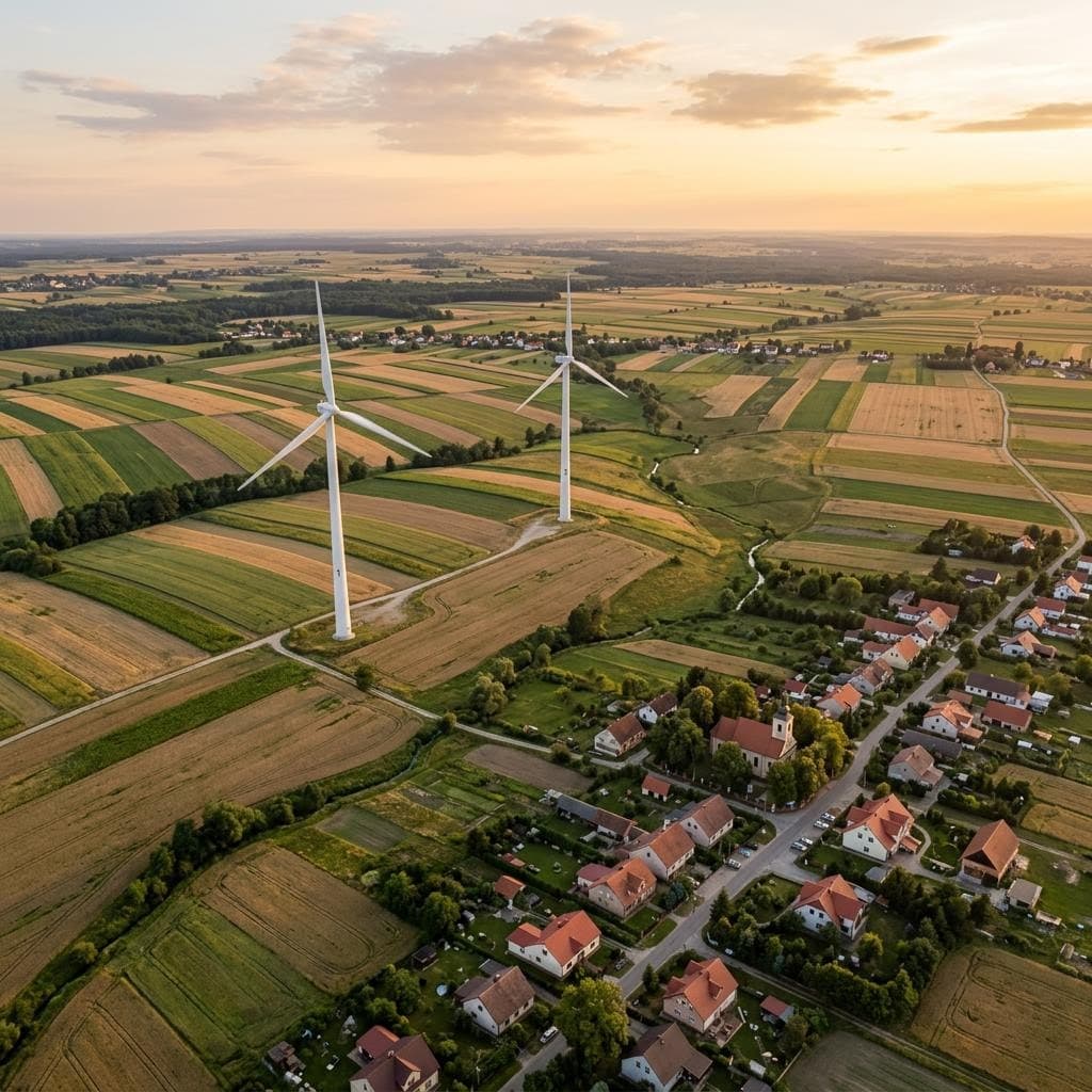 Dwie turbiny wiatrowe nad polami uprawnymi