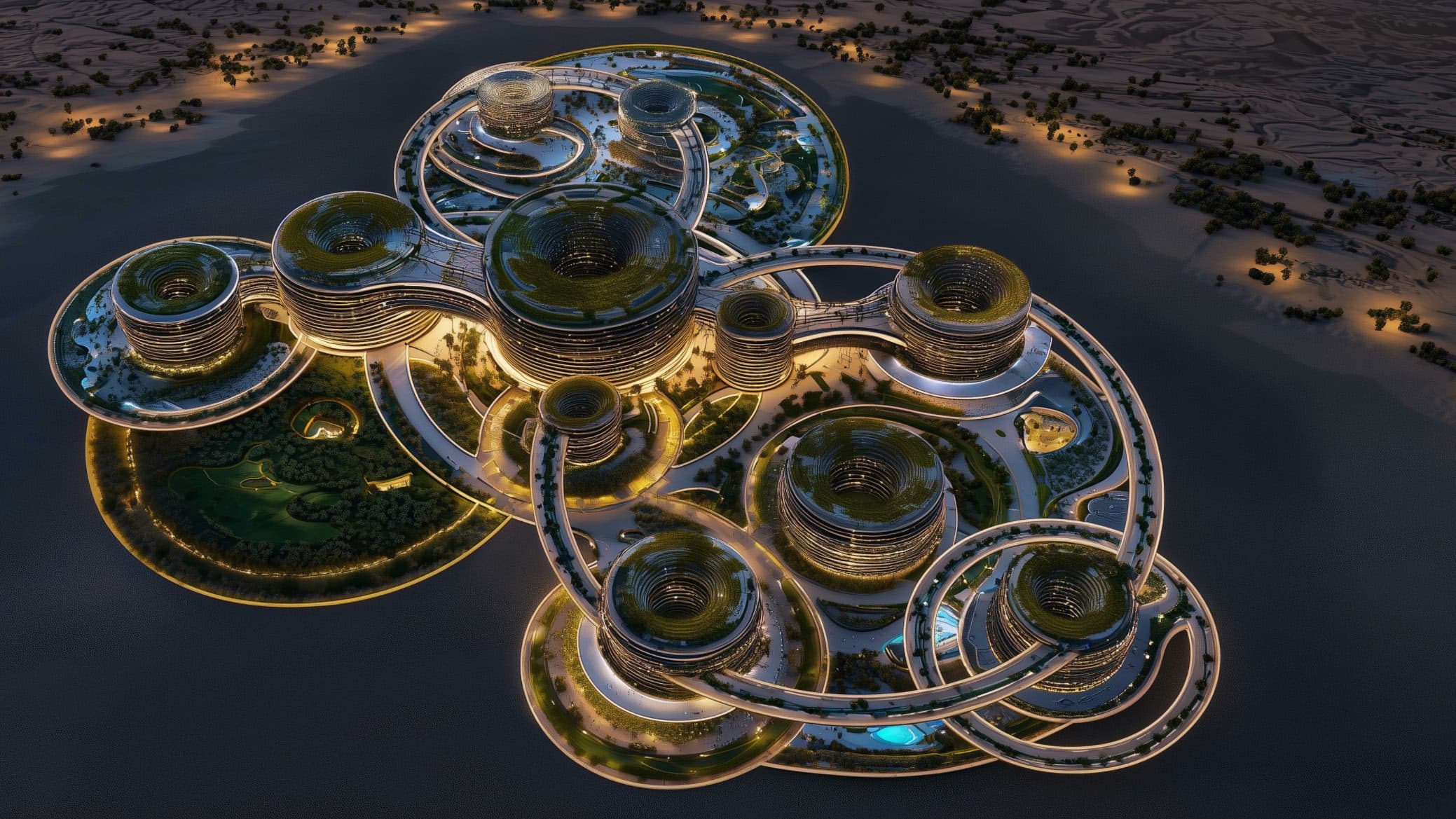 Wizualizacja Zaha Hadid Architects: nocna panorama masterplanu Skyspace City